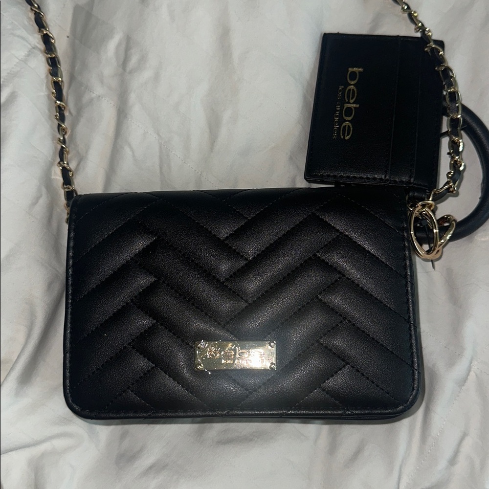 BRAND NEW WITH TAGS: Black Leather Chevron Crossbody Bag with Gold Accents